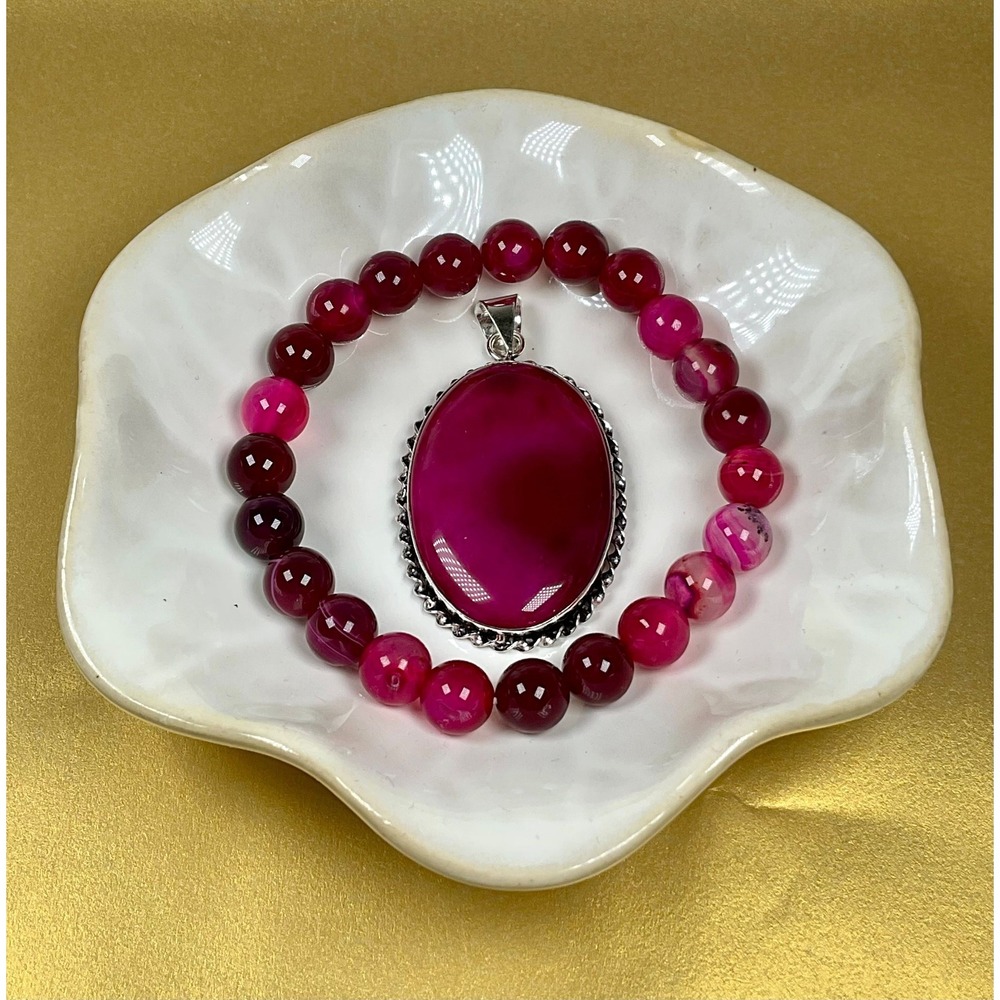 Hot‎ Pink Agate Beaded Stone Bracelet & Pendant Set